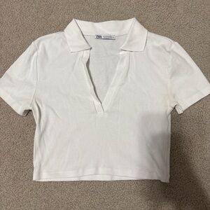 Zara Cream Ribbed Collared Top